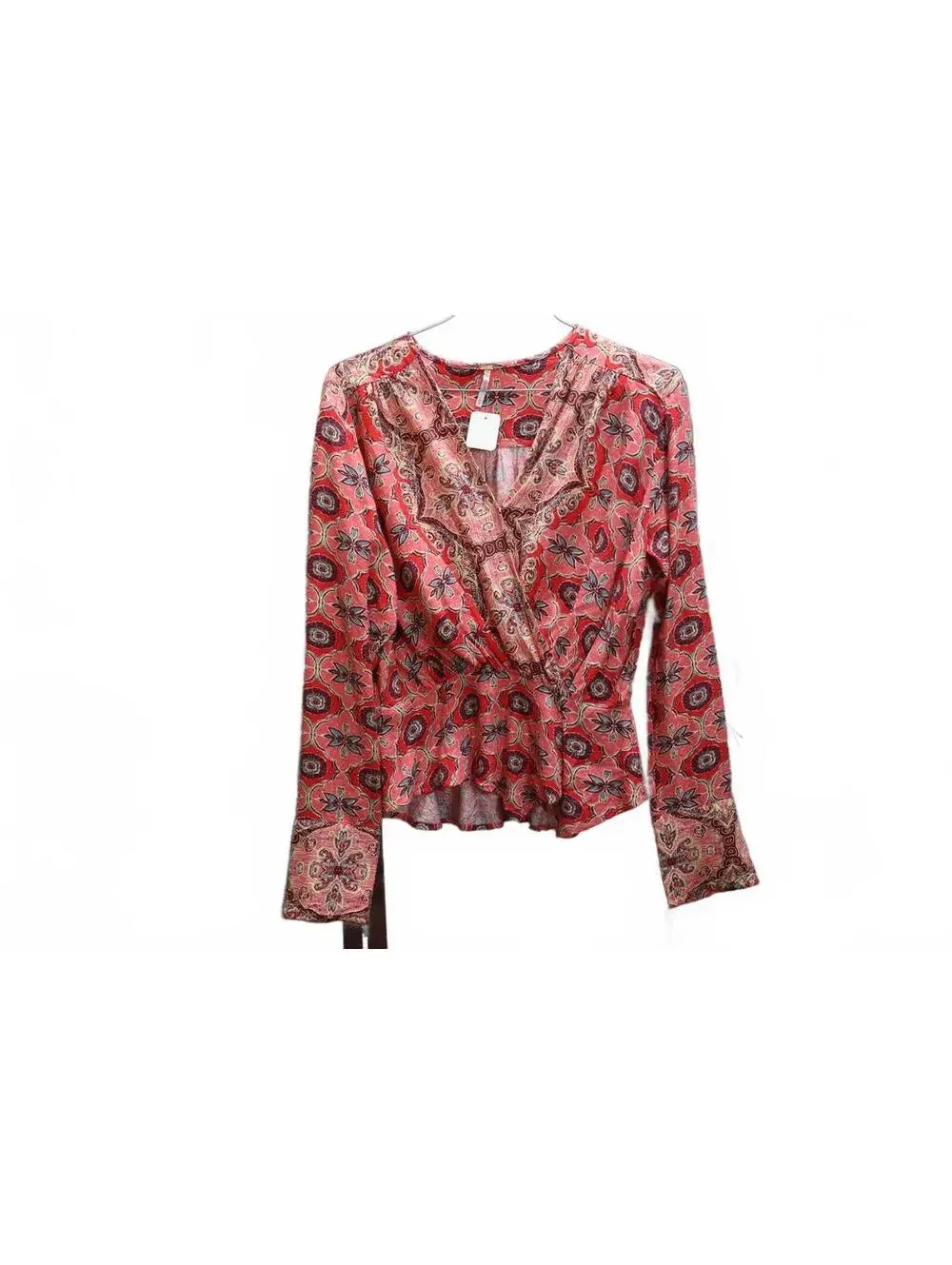 Free People Womens XS Blouse Boho Mixed Print Peplum Surplice Long Sleeve
